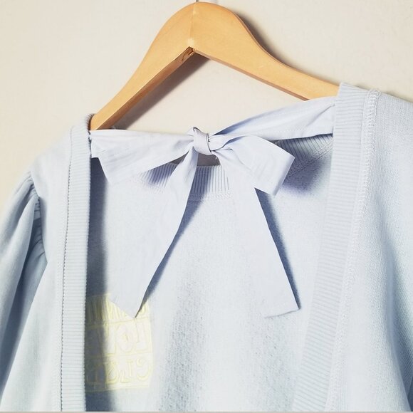 Ganni Isoli Bow Open Back Puff Sleeve Organic Cotton Sweatshirt XS Blue $215 - Picture 9 of 16